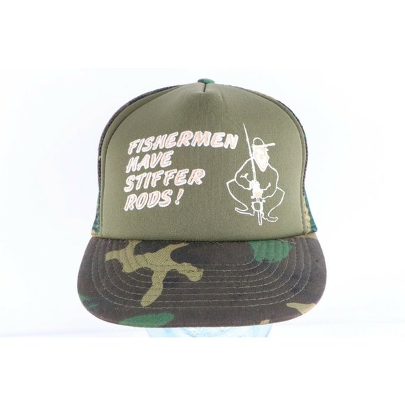 Vintage Fishermen Are Proud Of Their Rods Fishing SnapBack  Vintage 80s Fishermen Have Stiffer Rods Spell Out Camouflage Trucker Hat Cap